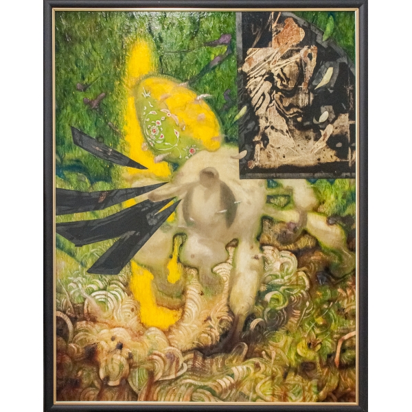  松永拓⼰ 作「花を歩く者」（油彩・銀箔・パネル・F50）